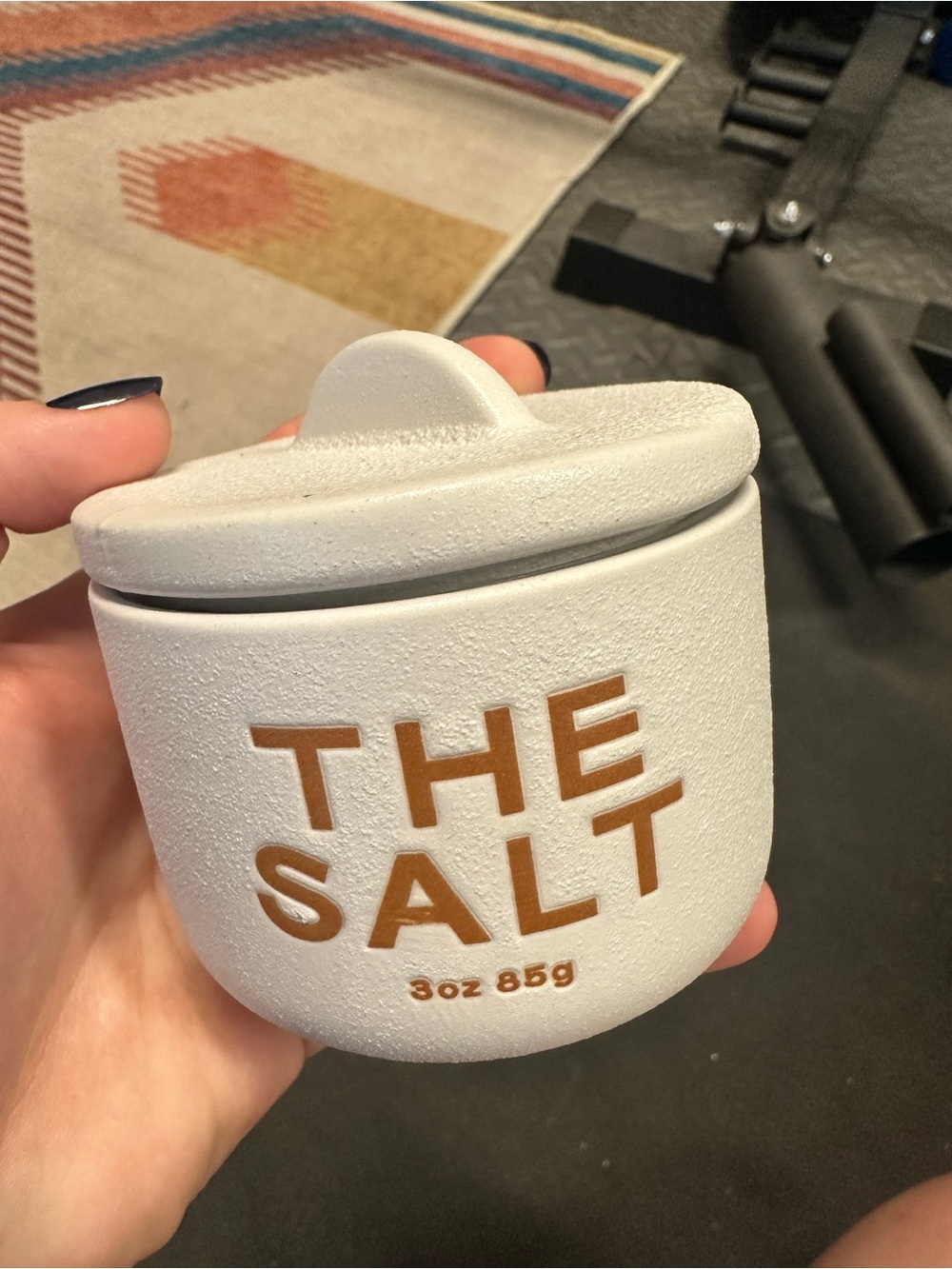 White Stone Textured Ceramic Salt Jar with Lid - 'THE SALT' Text 3oz
